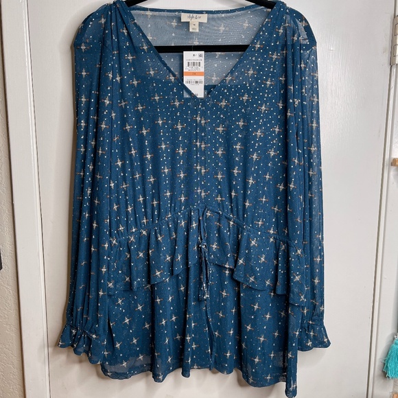 Style & Co Plus Size Ruffle-Front Mesh Top Green - Picture 1 of 6